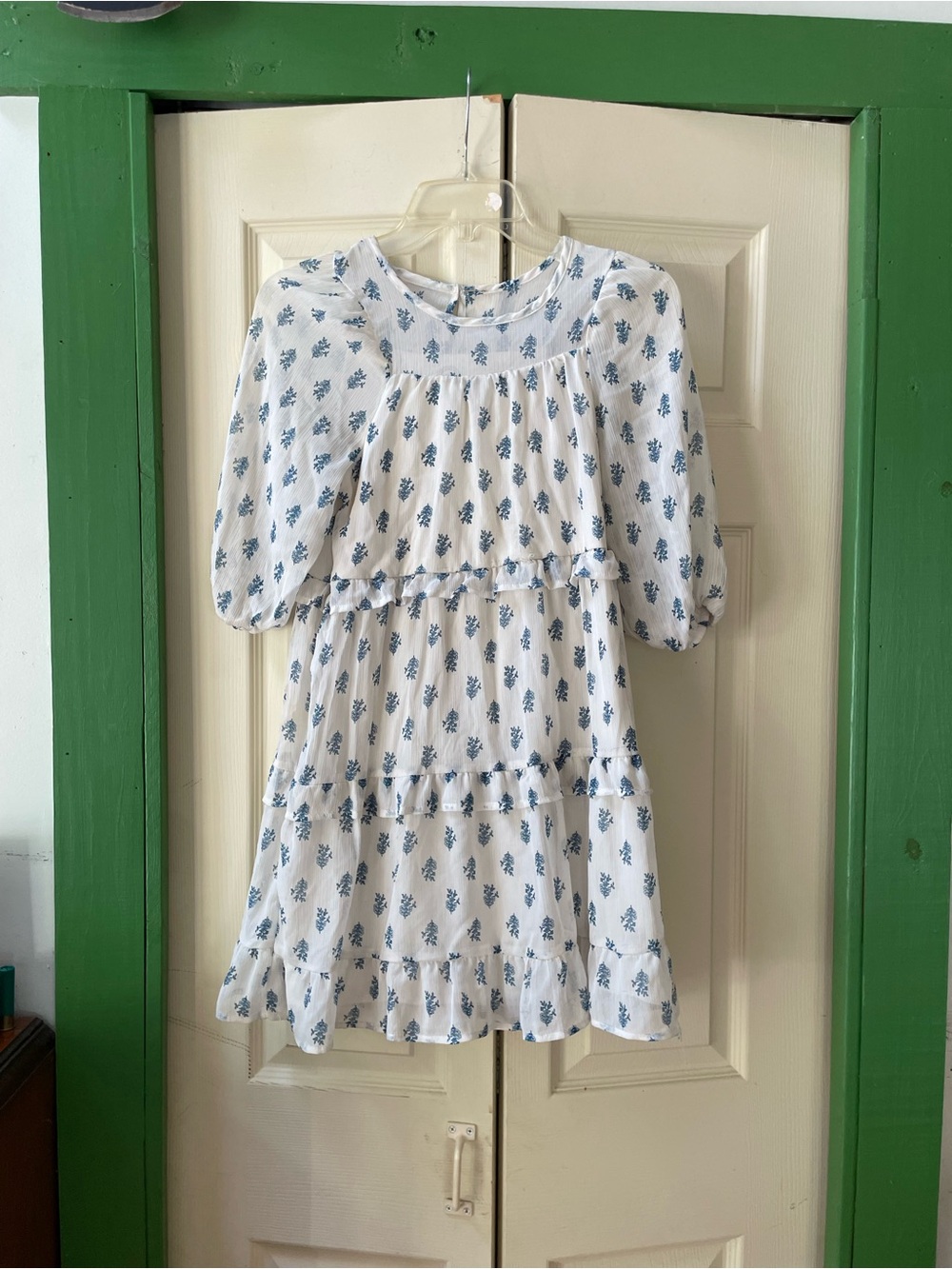 Girls White Floral Tiered Dress with Blue Print